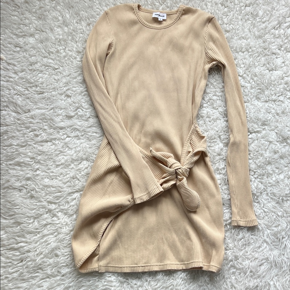 Superdown Beige Long Sleeve Ribbed Dress